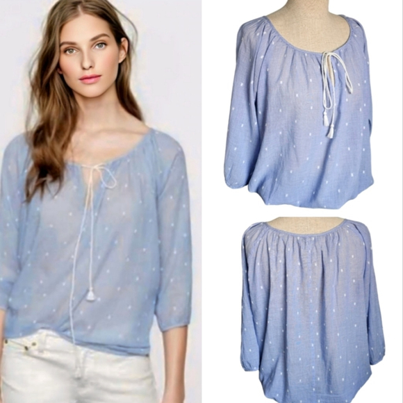 J. Crew Tops - J.Crew Chambray Dot Embroidered Peasant Top 3/4 Sleeve Blue Size XXS